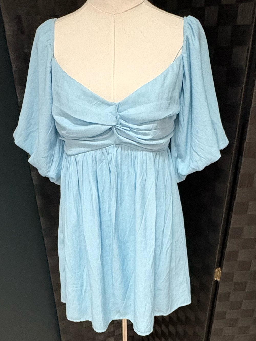 Altar'd State Ashlynn Knot Front Puff Sleeve Mini Babydoll Dress Blue
